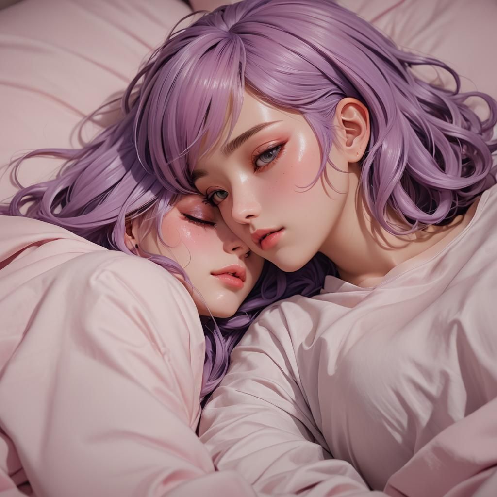 Anime Girls Kissing in Bed: Pastel Art