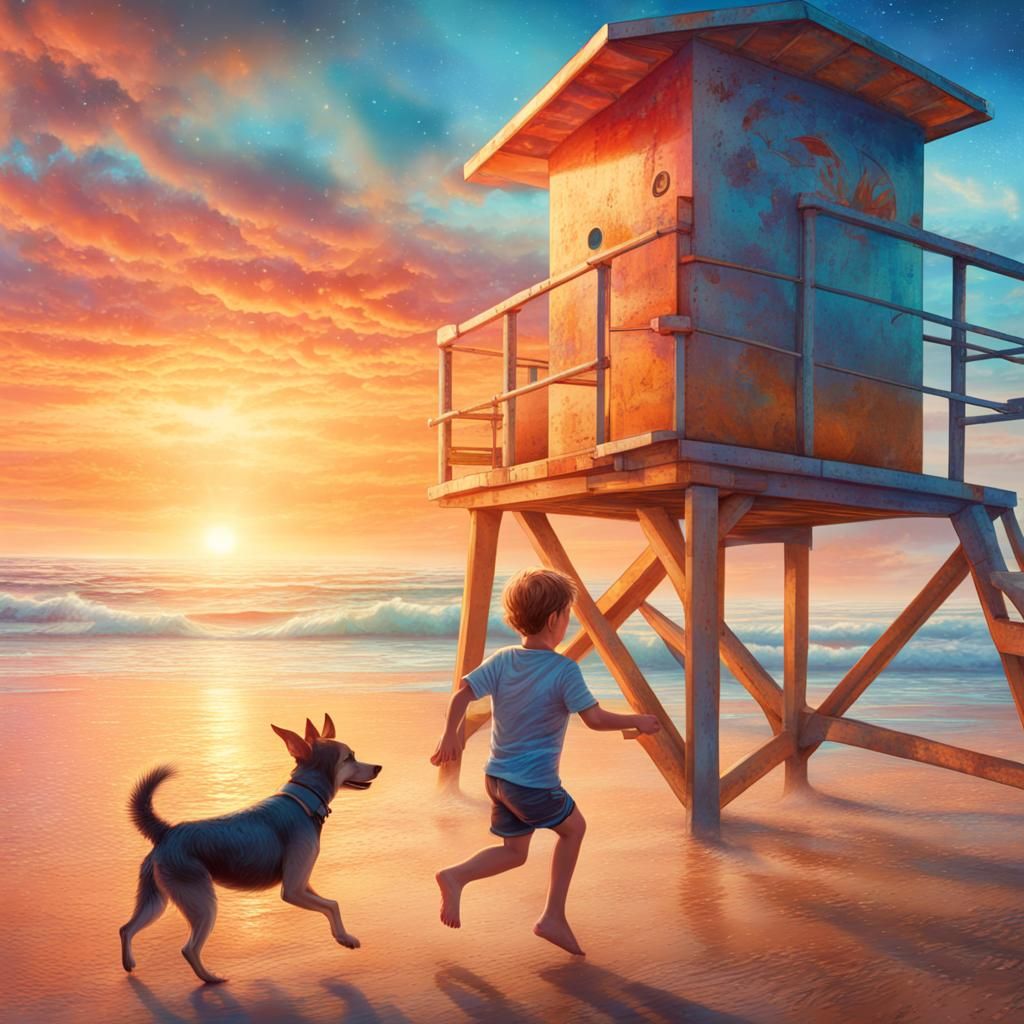 Boy and Dog on Mystical Sunrise Beach