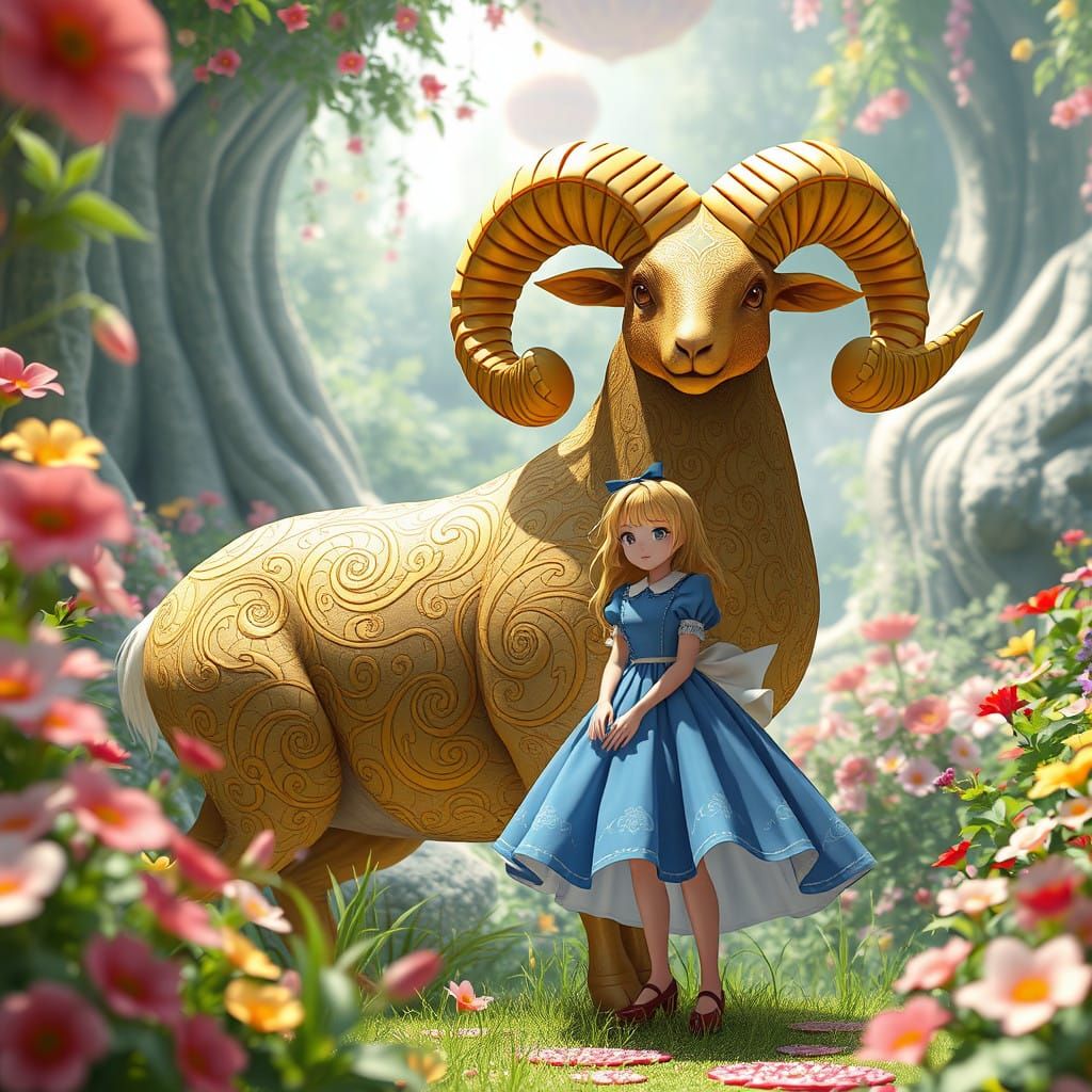 A Whimsical Wonderland Scene with a Majestic Golden Ram