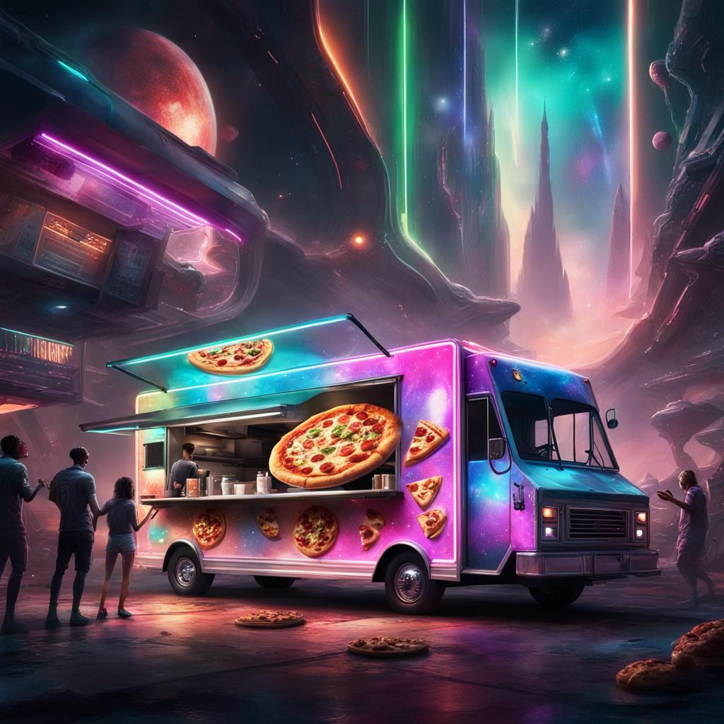 Futuristic Pizza Truck in Space, Hyperrealistic Art