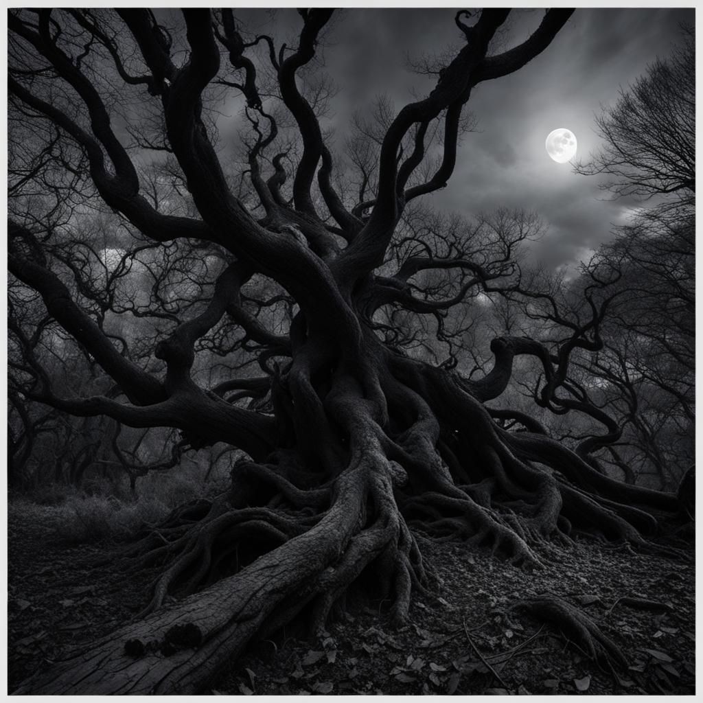 Eerie Moonlit Forest with Twisted Trees