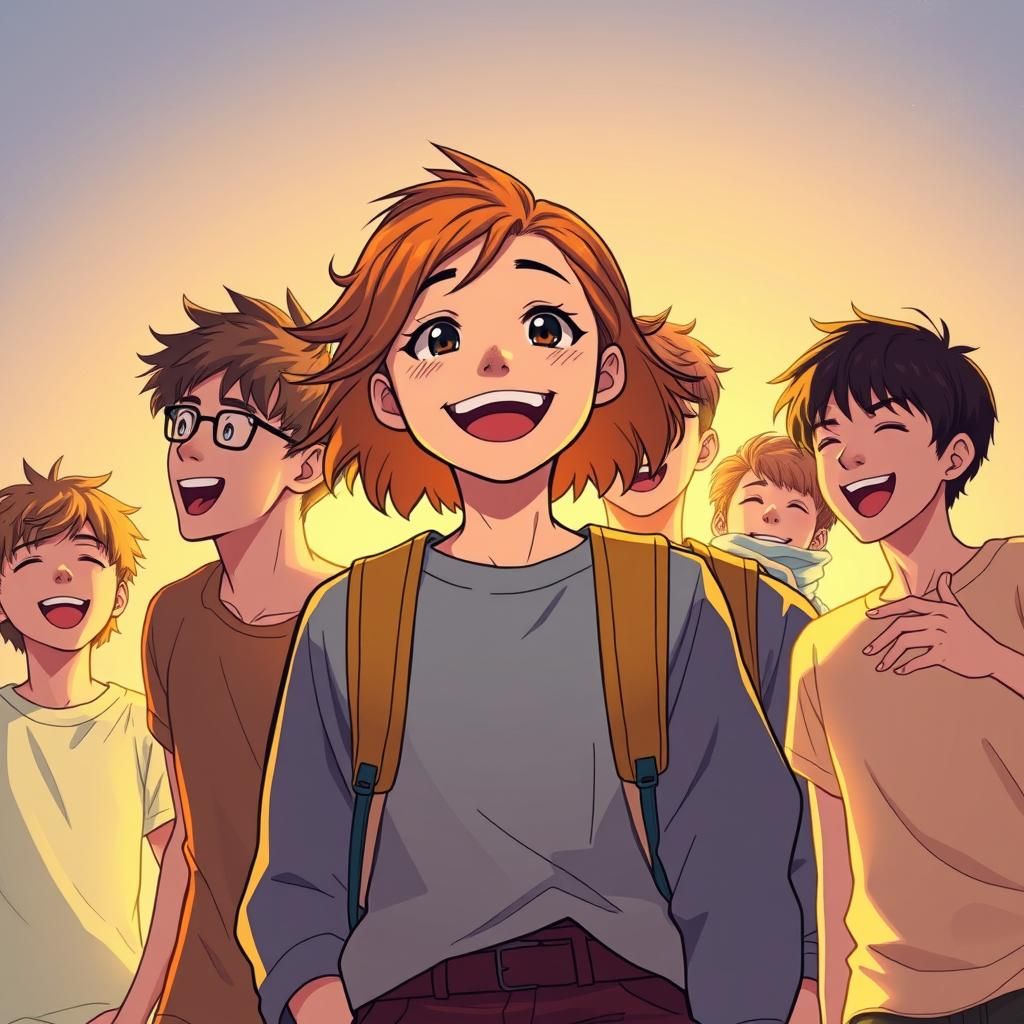 Teen Girl Laughing With Boys, in Anime Style
