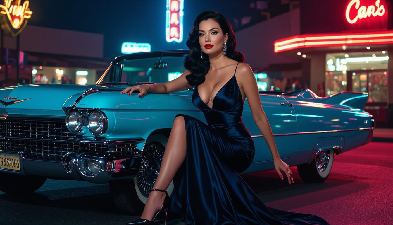 Elegant Woman in 1950s Scene with Vintage Car