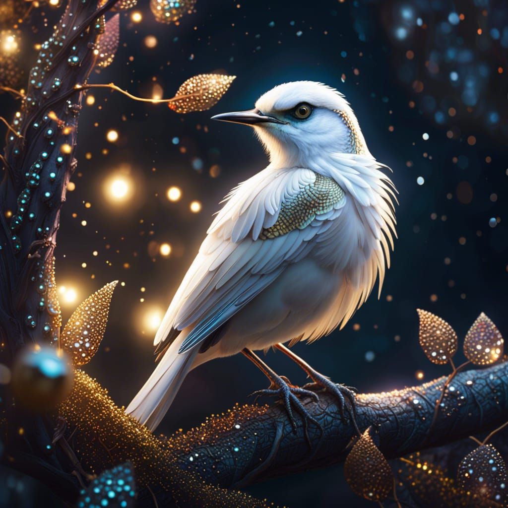 Beautifully detailed photo of a white bird, glowing and sparkling, glitter