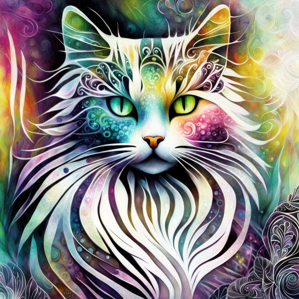 Whimsical Zentangle Cat in Vibrant Dark Fantasy