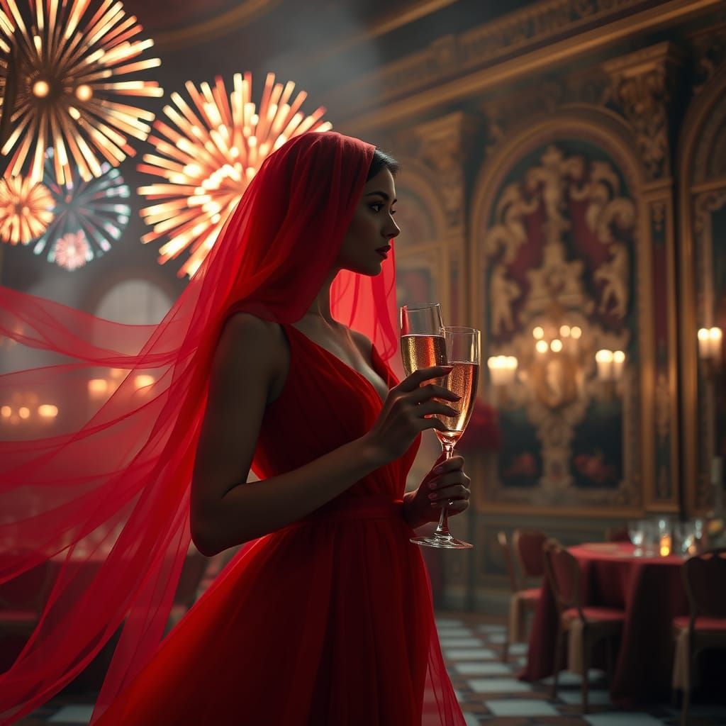 Ethereal Ghost Woman in Red Dress with Champagne Watching Fi...