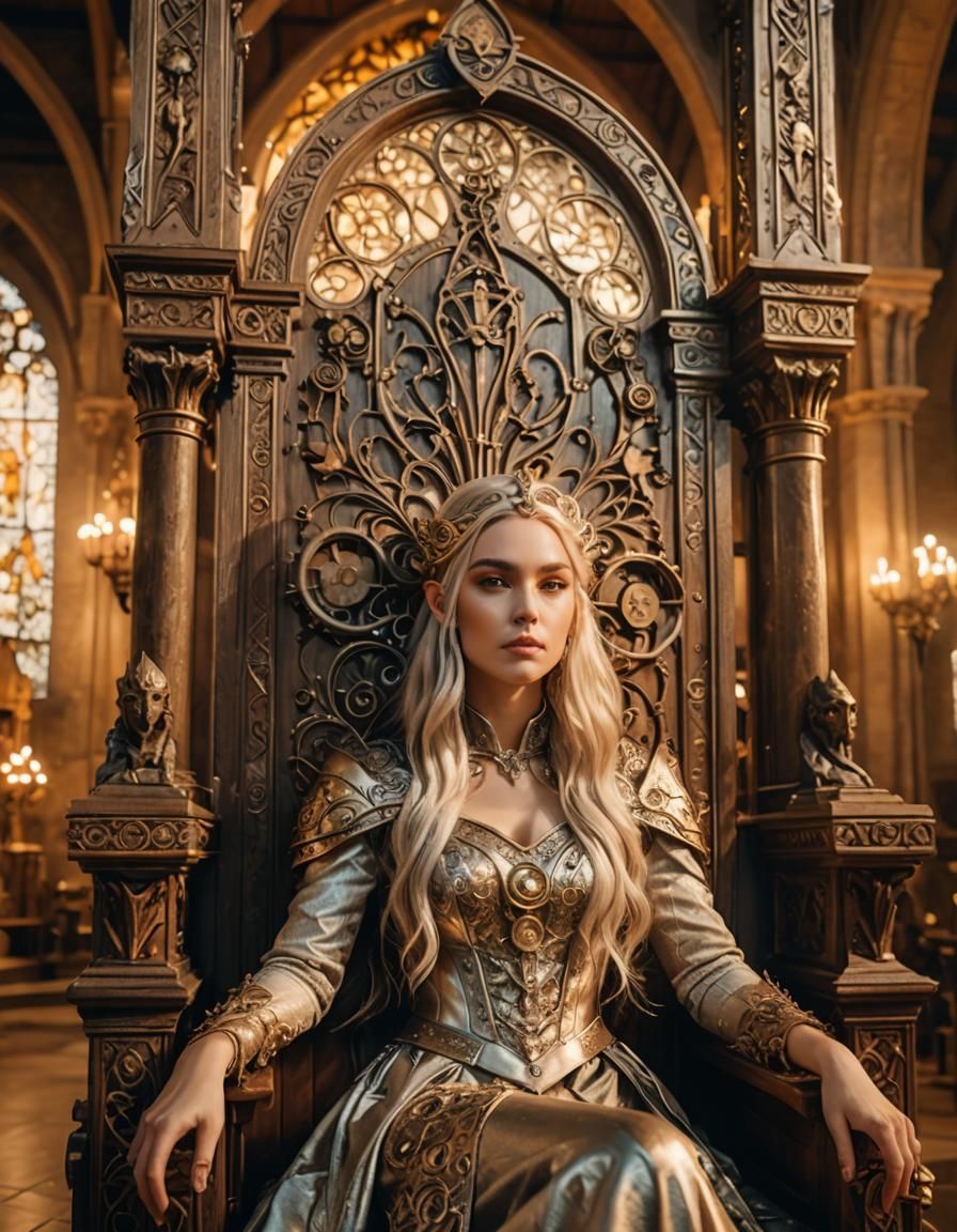 Elven Princess on Steampunk Throne in Dreamlike Art