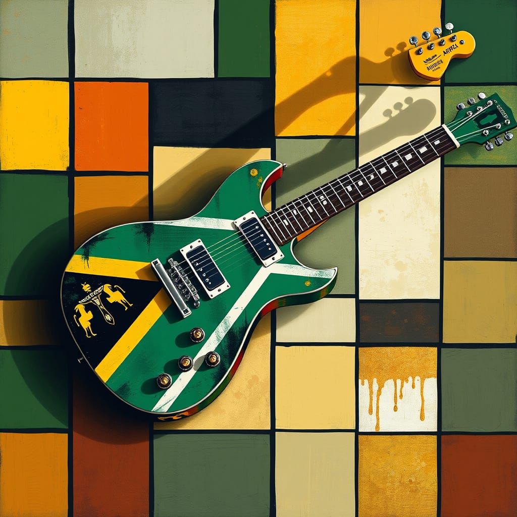 South African Flag Guitar in Cubist Impressionism