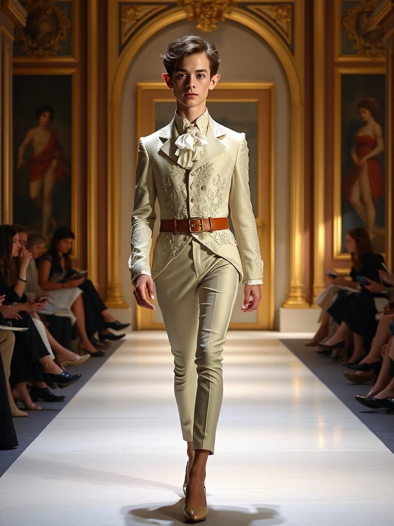 Elegant Young Elf Struts Down Runway in Rococo Splendor