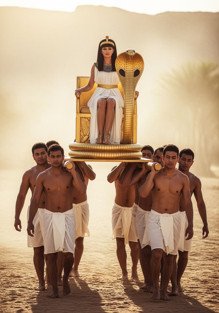 Egyptian Queen on Cobra Throne in Photojournalistic Style