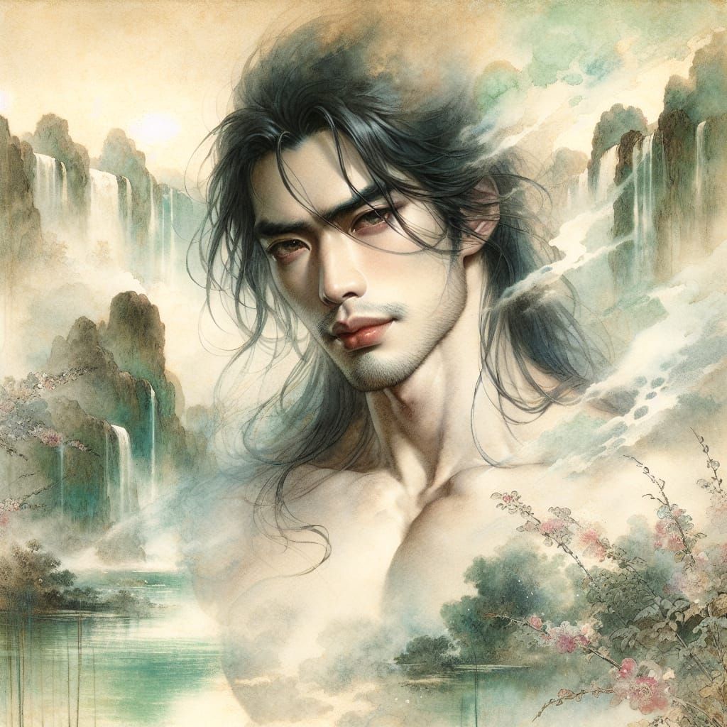 Dreamy Asian Man in Ukiyo-e Dreamscape