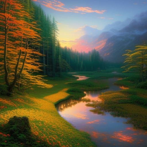 Golden River Valley Sunset: Hyperrealistic Fantasy Art