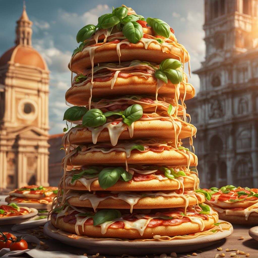 Pizza Tower Digital Art: Leaning Food Architecture