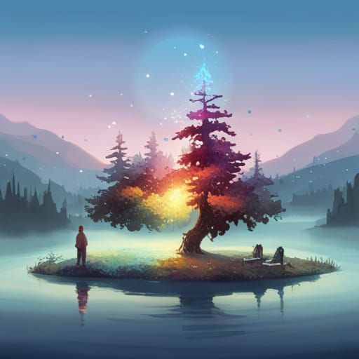 Rainbow Over Serene Lake with Crystalline Trees