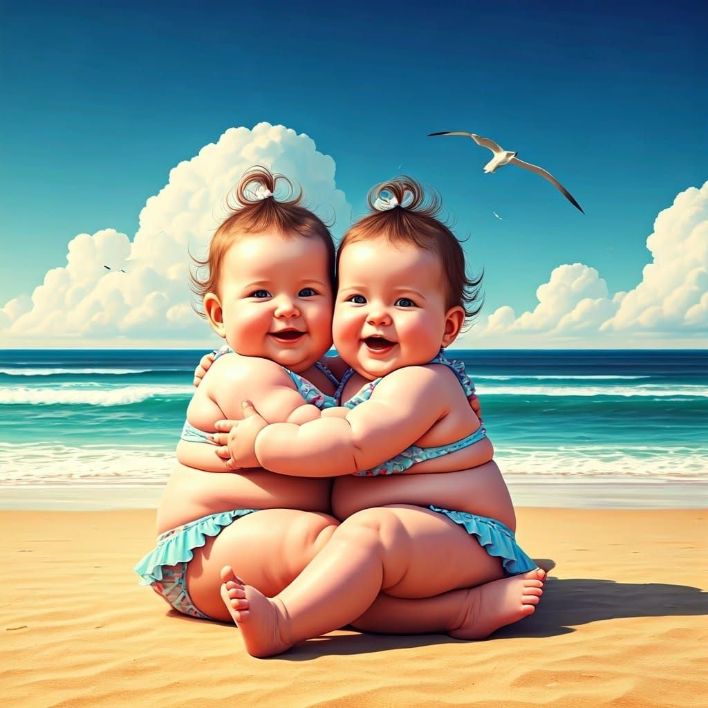 Cheerful One-Year-Old Twins Hugging on a Sun-Kissed Beach in...