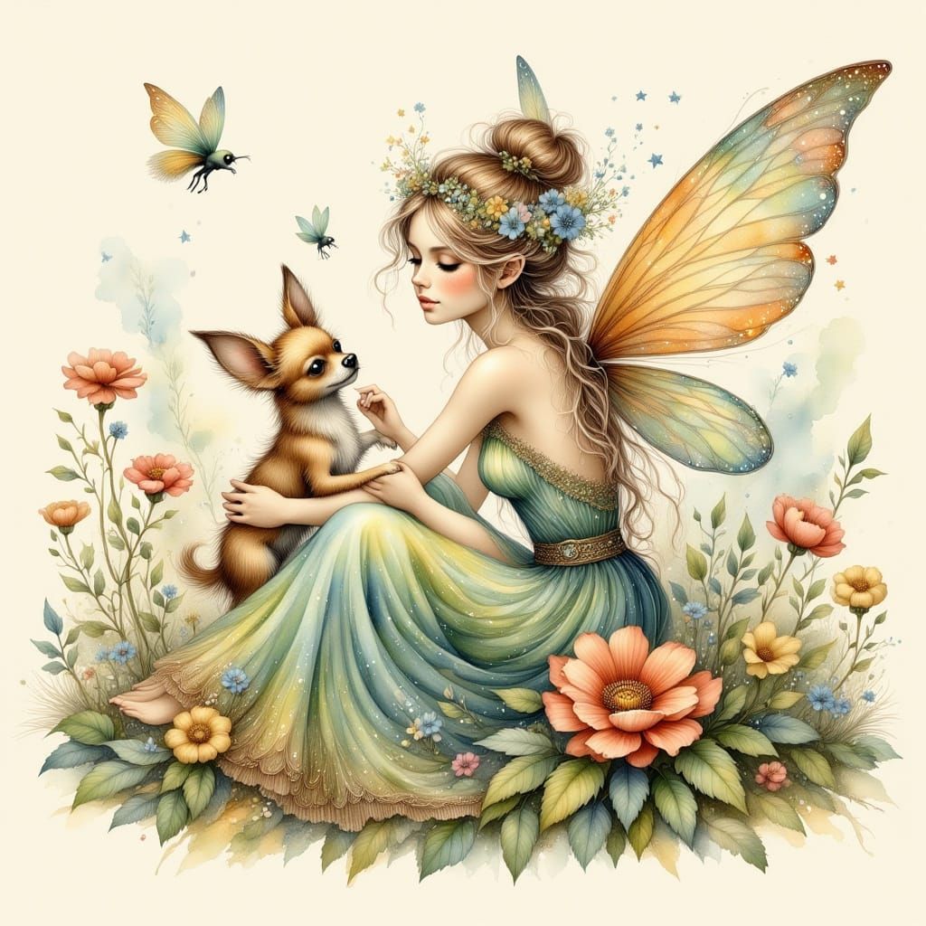 Little Fairy in Whimsical Airbrush Illustration with Chihuah...