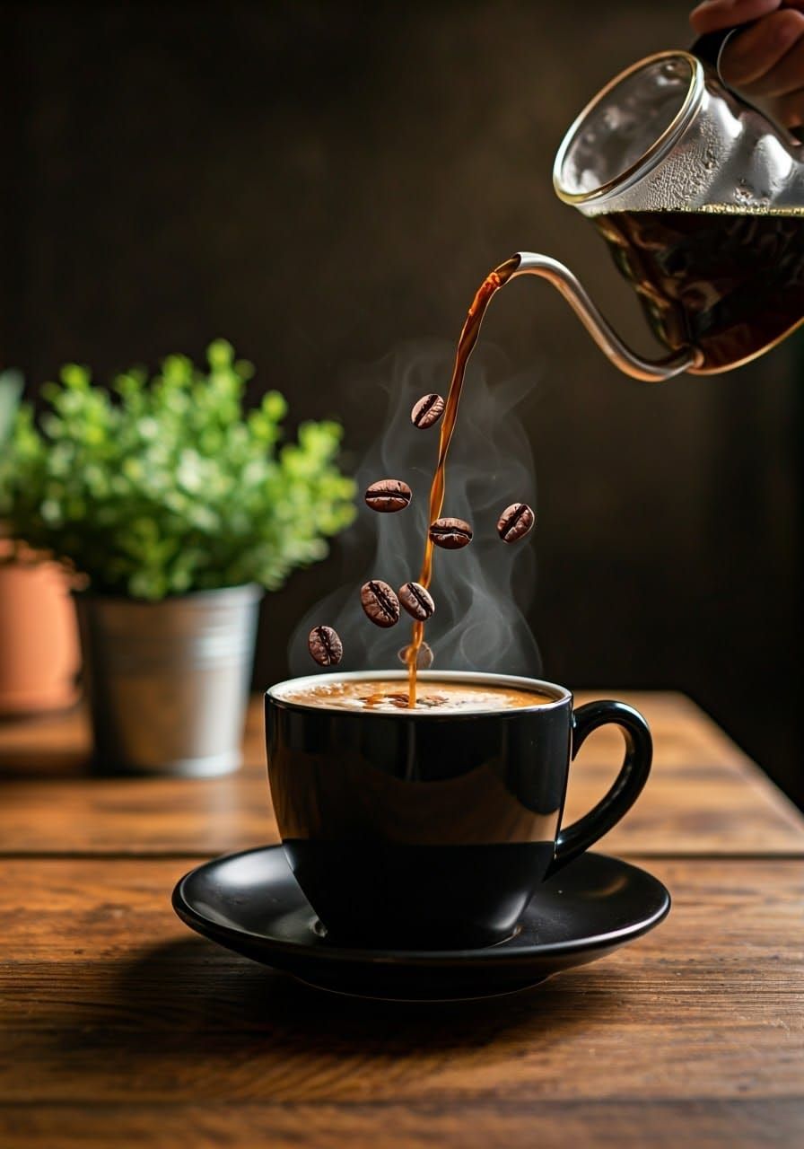 Steaming Coffee Cup with Flying Beans in Bistro