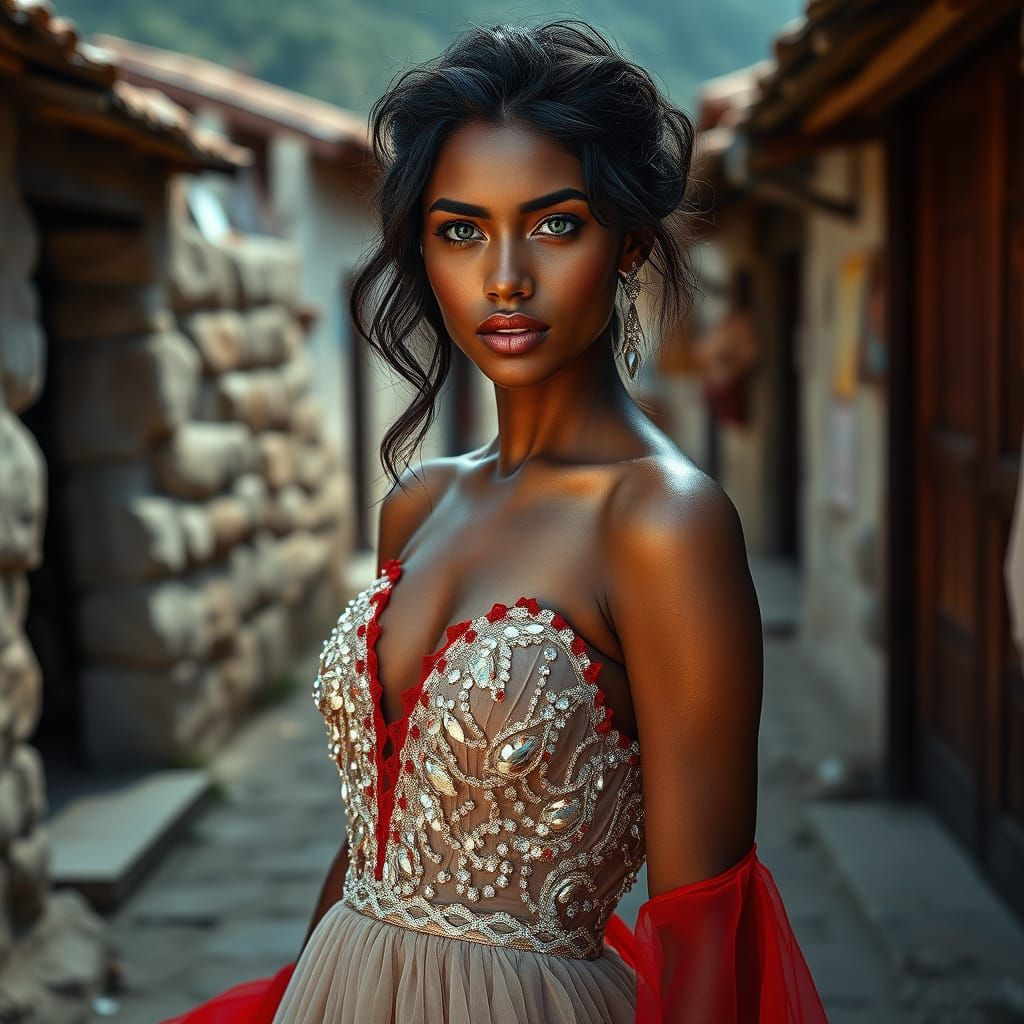 Albanian Woman in Couture Gown, Hyperrealistic Image
