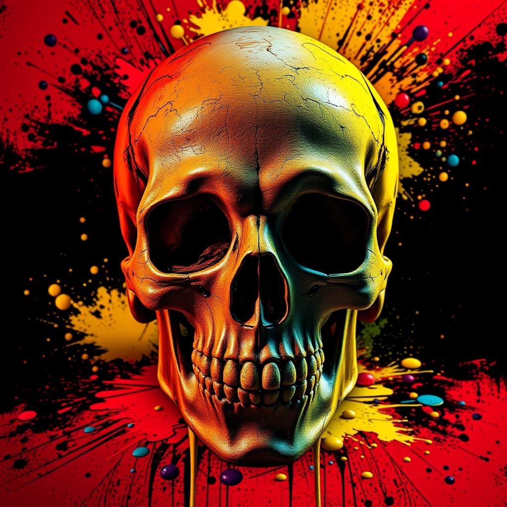 Vibrant Skull in Pop Art Style with Paint Splatter