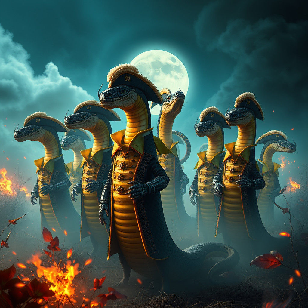 Snakes in Revolutionary War Attire: High-Fantasy Concept Art