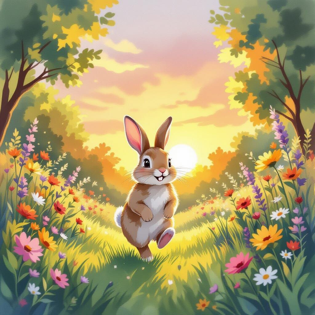 Happy Rabbit in Garden at Sunset, Watercolor Style