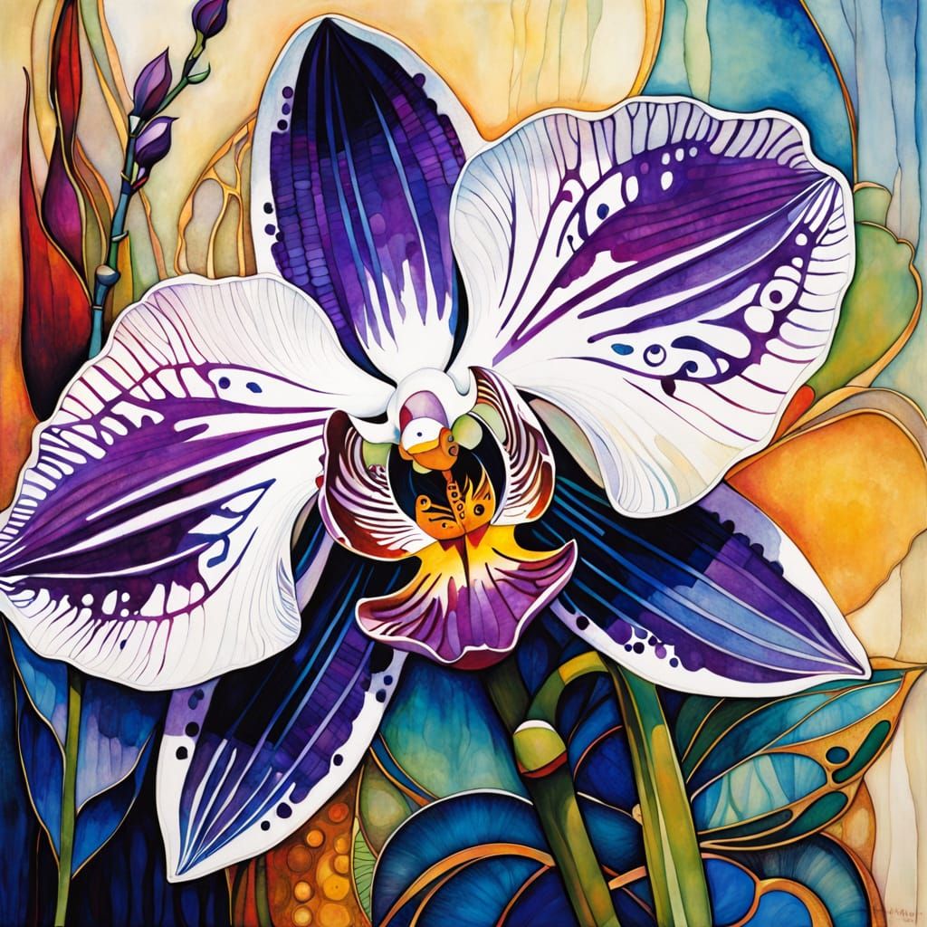 Intricate Orchid Macro in Expressionist Watercolour Style