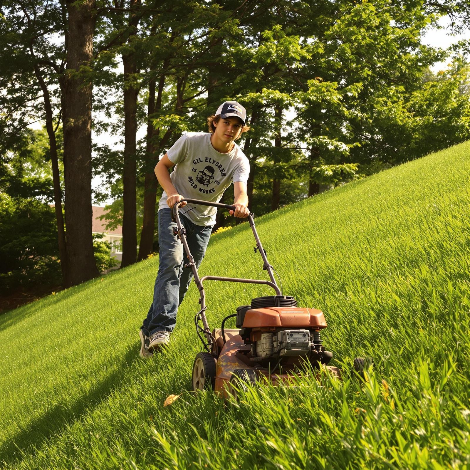Teenager Mows Lawn in Summer Afternoon