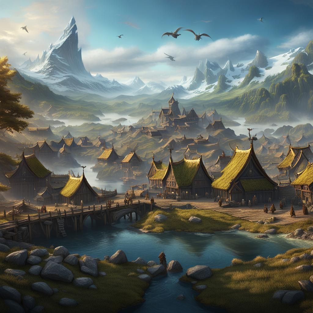 Viking Village with Dragon: Fantasy Concept Art