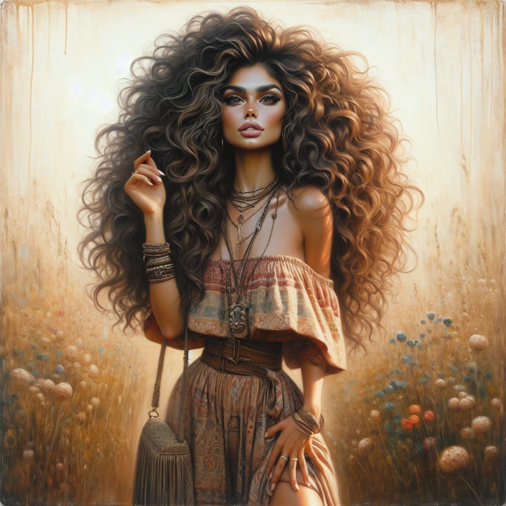 Confident Boho Chic Woman in Sunlit Meadow