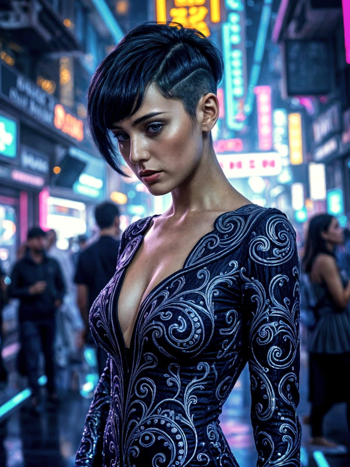 Futuristic Cyberpunk Goddess in Midnight Blue Evening Gown