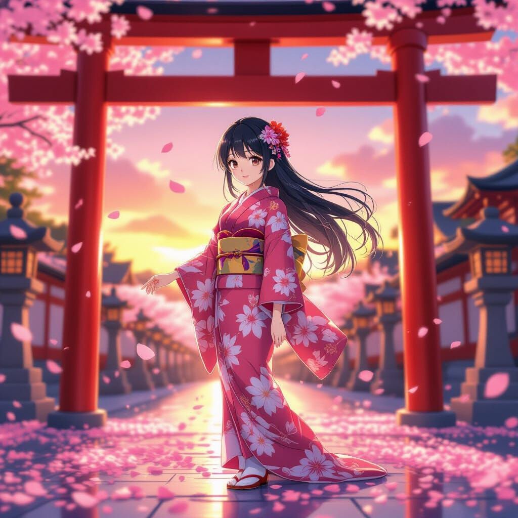 Anime Girl in Pink Yukata with Cherry Blossoms and Shrine Ga...