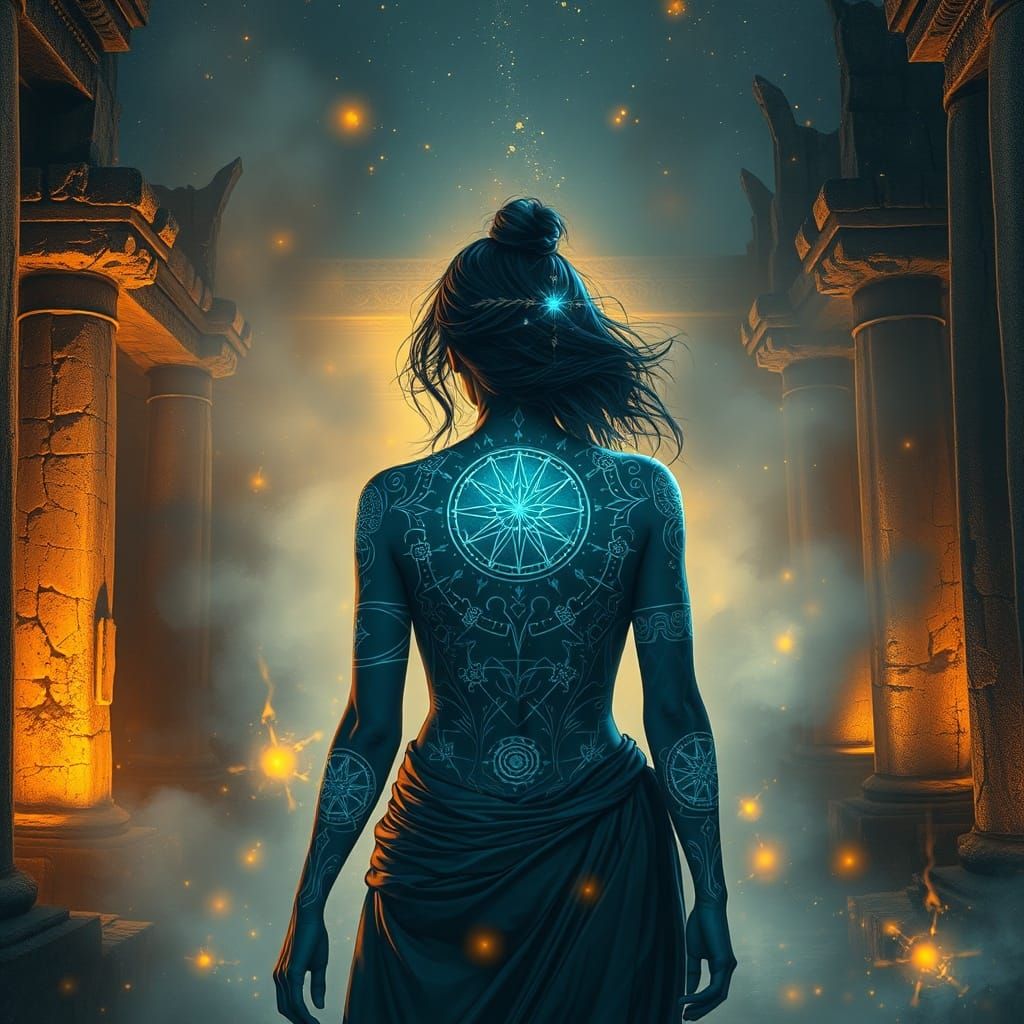 Woman with Celestial Tattoos in Ethereal Ruins