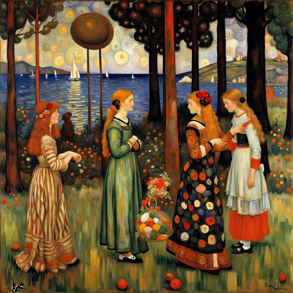 Artistic Synthesis: Klee, Klimt, Renoir, Waterhouse, Bottice...