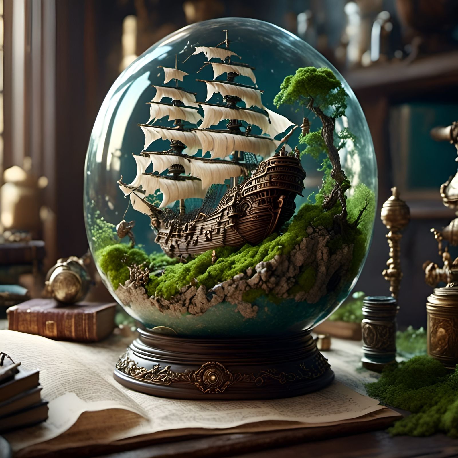 Pirate Ship in a Bottle: Photorealistic Close-Up
