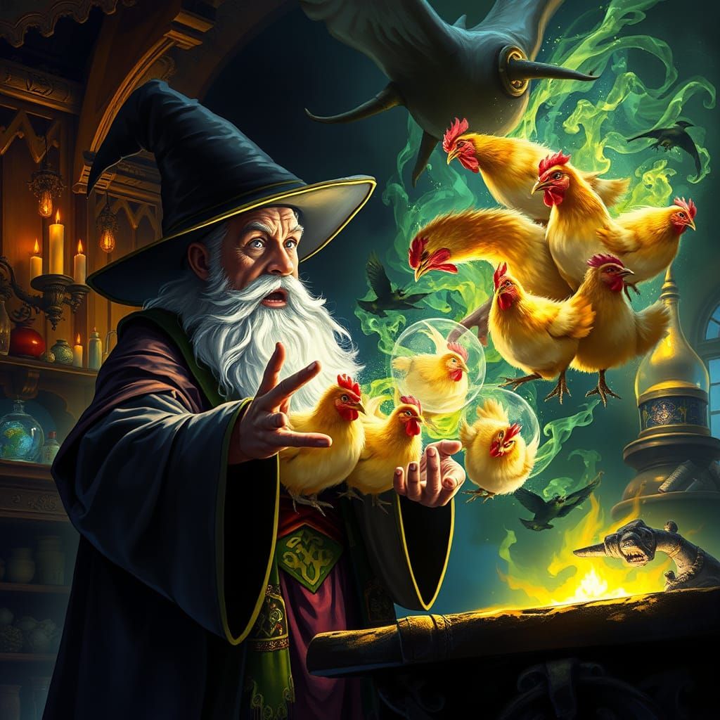 Wizard Accidentally Conjures Rubber Chickens in Fantasy Art