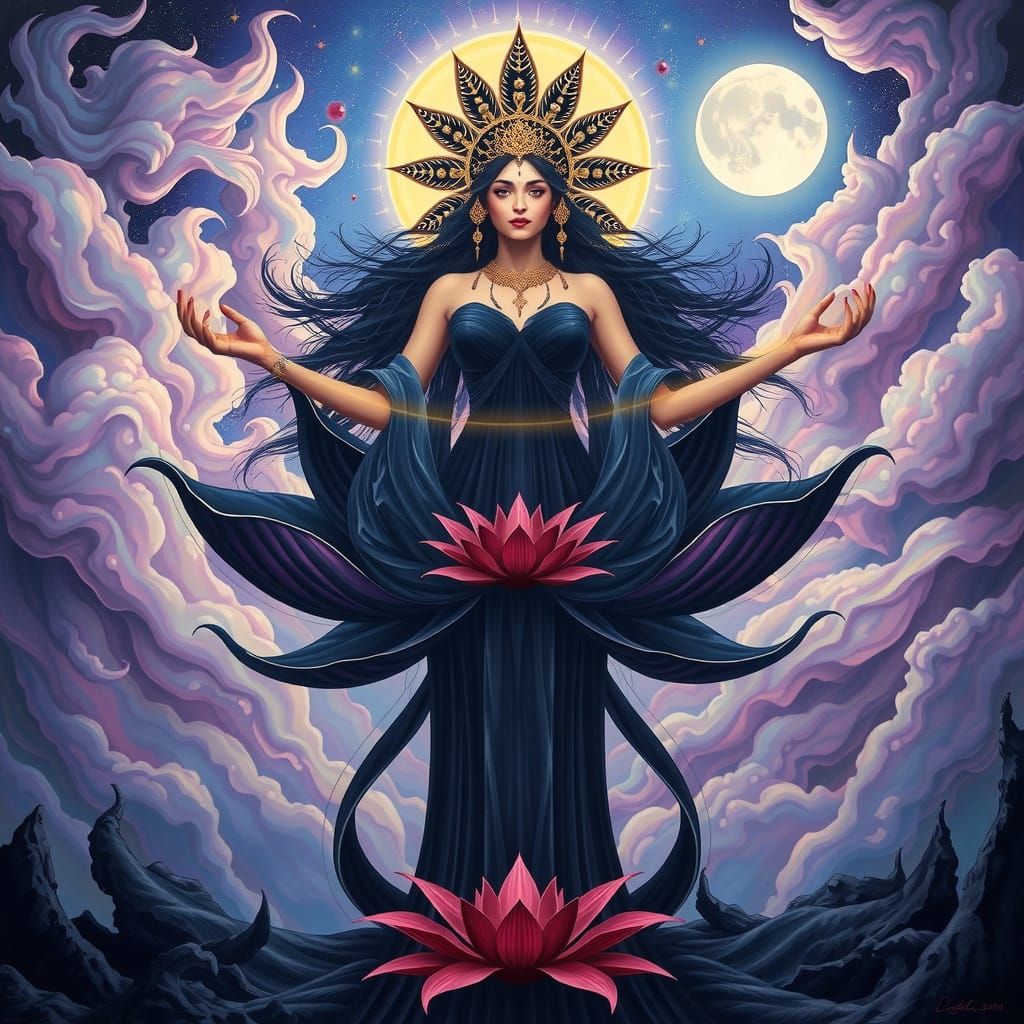 Divine Goddess in Cosmic Bloom: Iridescent Psychedelic Symbo...