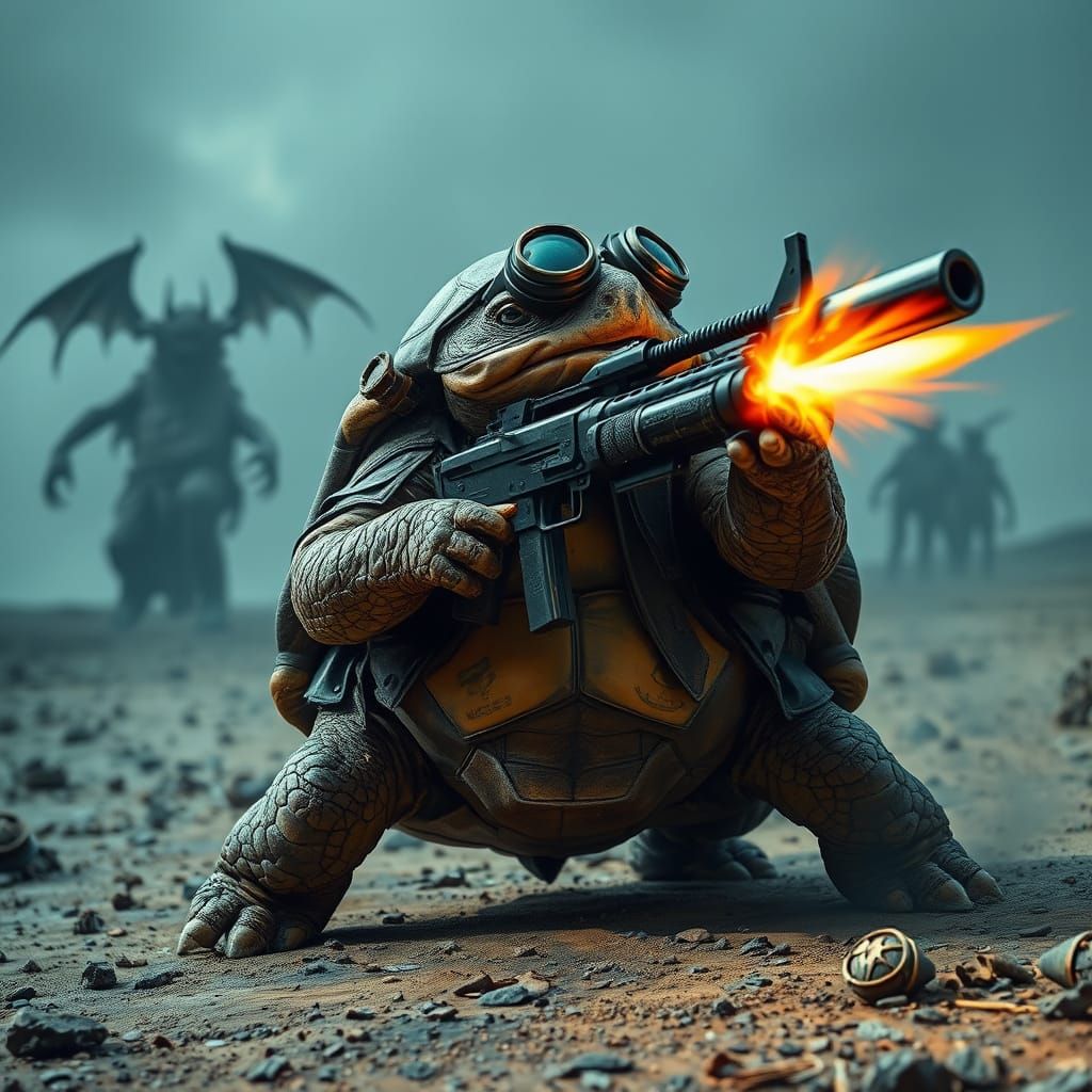 Cyberpunk Tortoise Annihilates Demons With Minigun