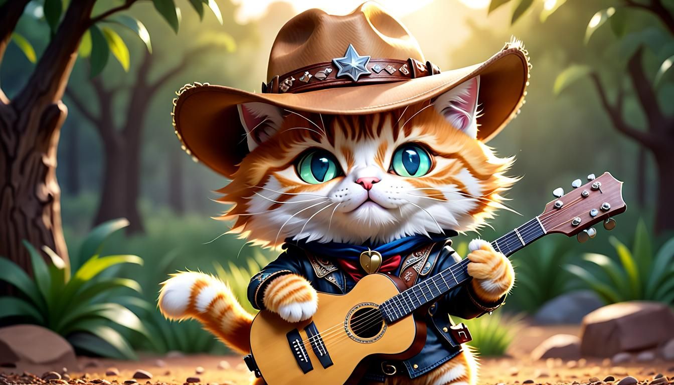 Chibi Cowboy Kitten Musician in Gouache Style