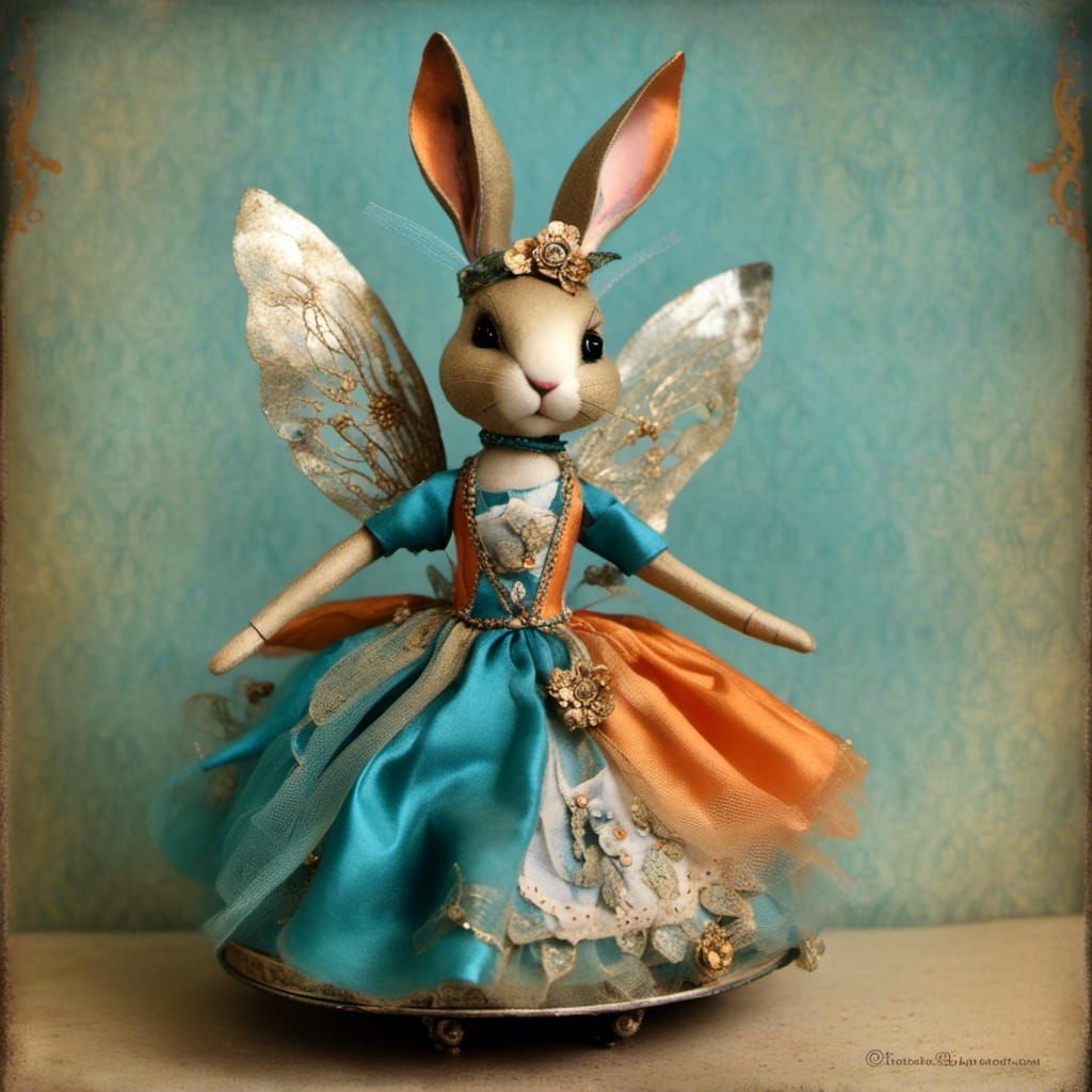 Whimsical Toy Bunny Angel in Twilight