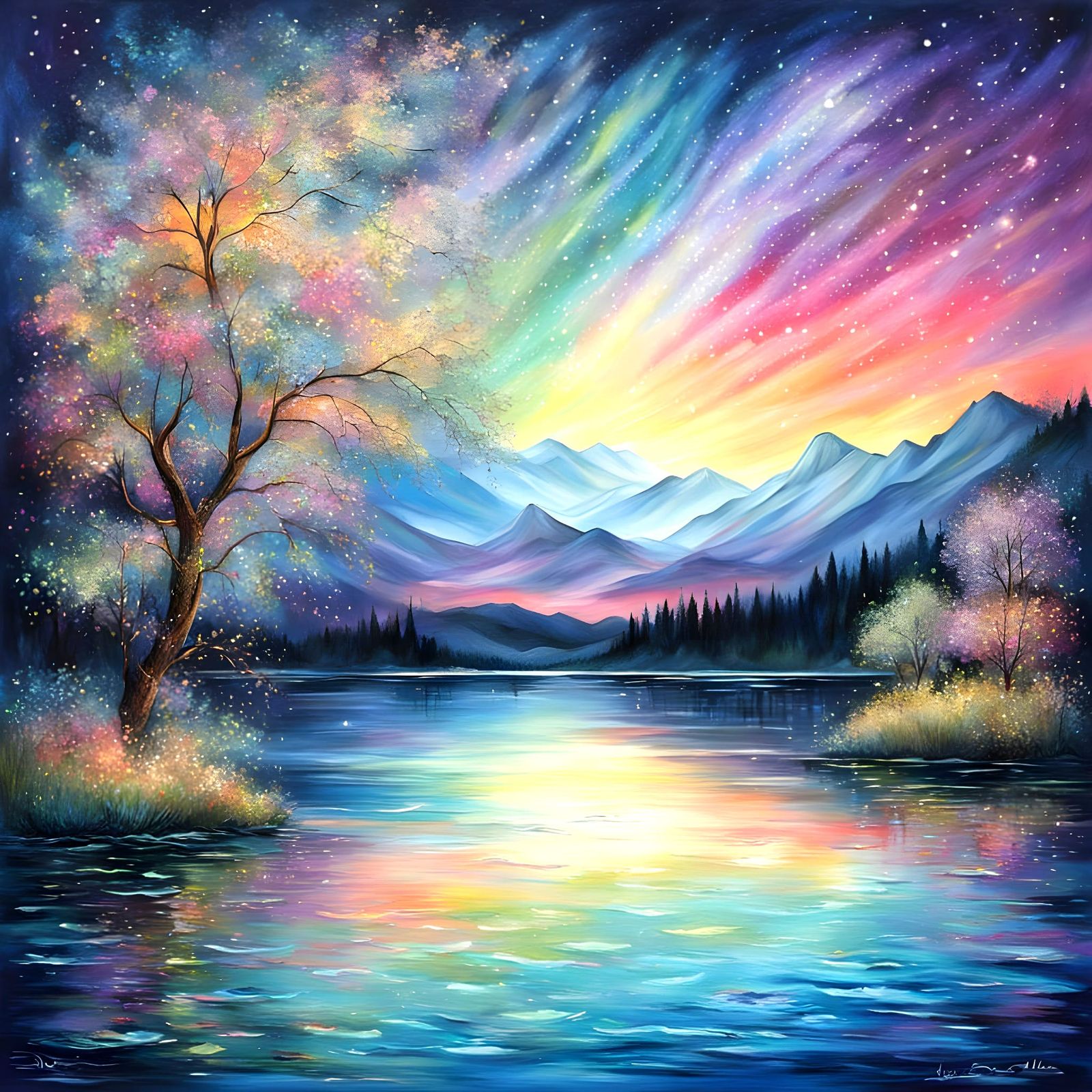 Dreamy Lakehouse Scene in Elegant, Ethereal Splash Art Style