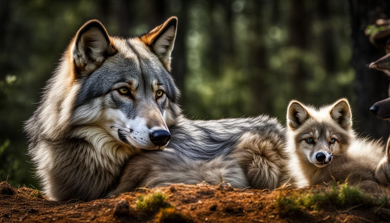 Wolf and Arctic Fox Cuddling in Den