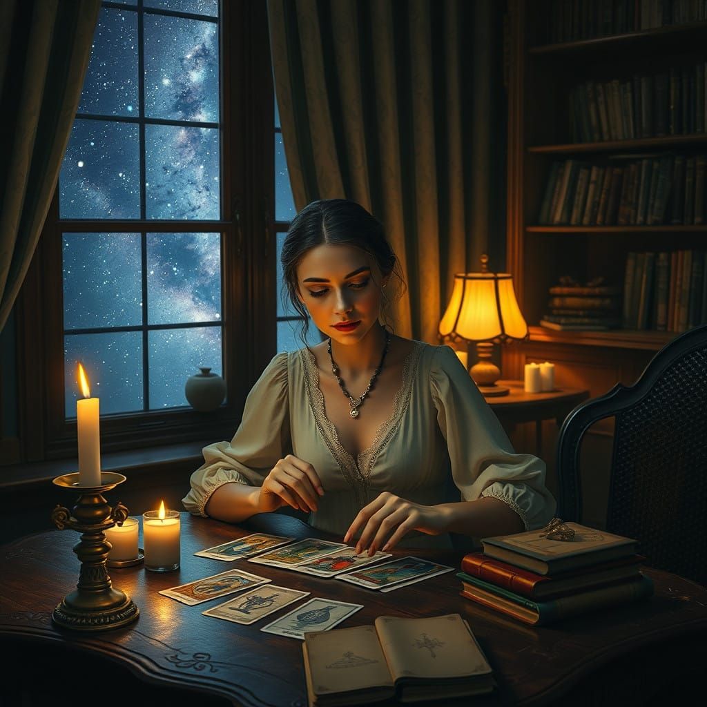 A Lonely Tarot Reader Under the Starry Night Sky, Illuminate...
