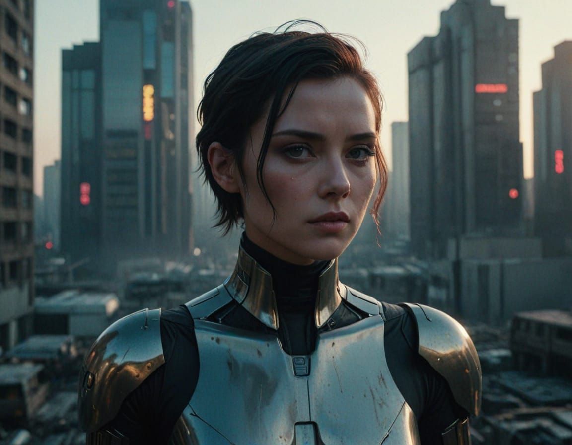 Cyberpunk Goddess in Ruins of Tokyo