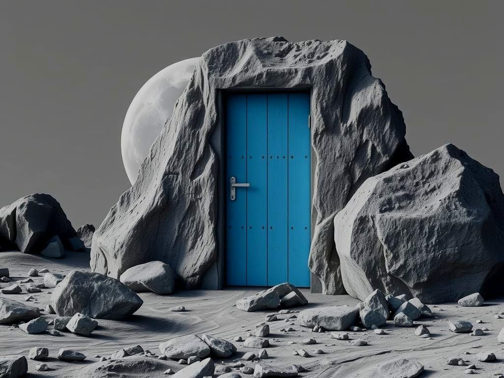Wooden Door on Rocky Cratered Moon Surface