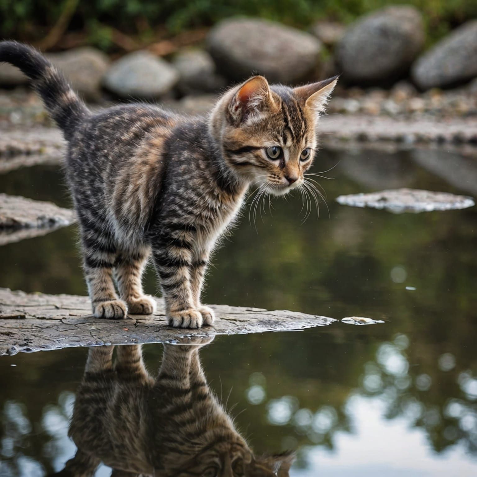 Cute Kitten and River Reflection