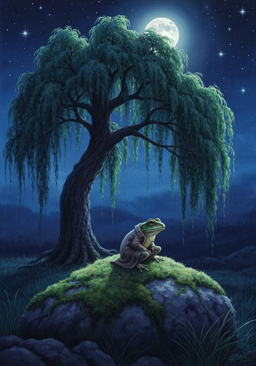 Frog Under Weeping Tree in Watercolor Style