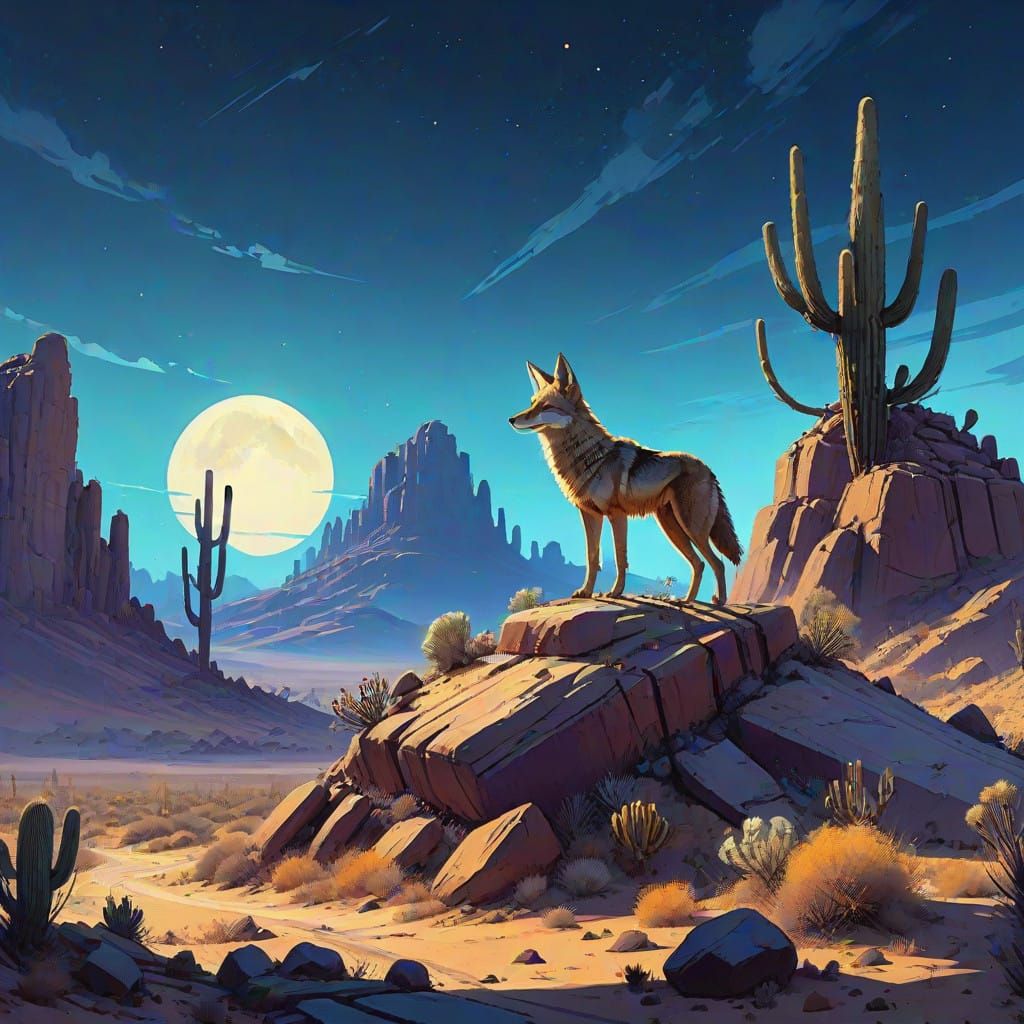 Whispering Coyote in Moonlit Desert Landscape