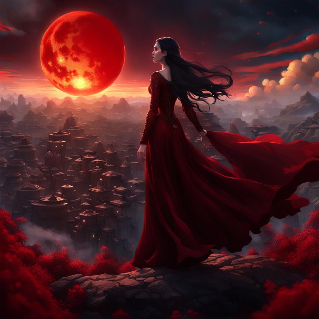 Teen in Red Gown Under Red Sun, Fantasy Art
