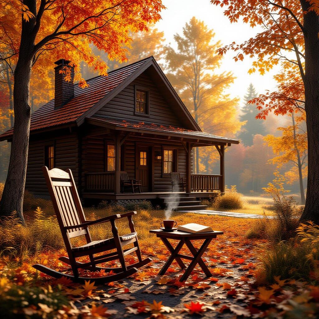 Cozy Autumn Cabin Serene Landscape with Golden Sunlight