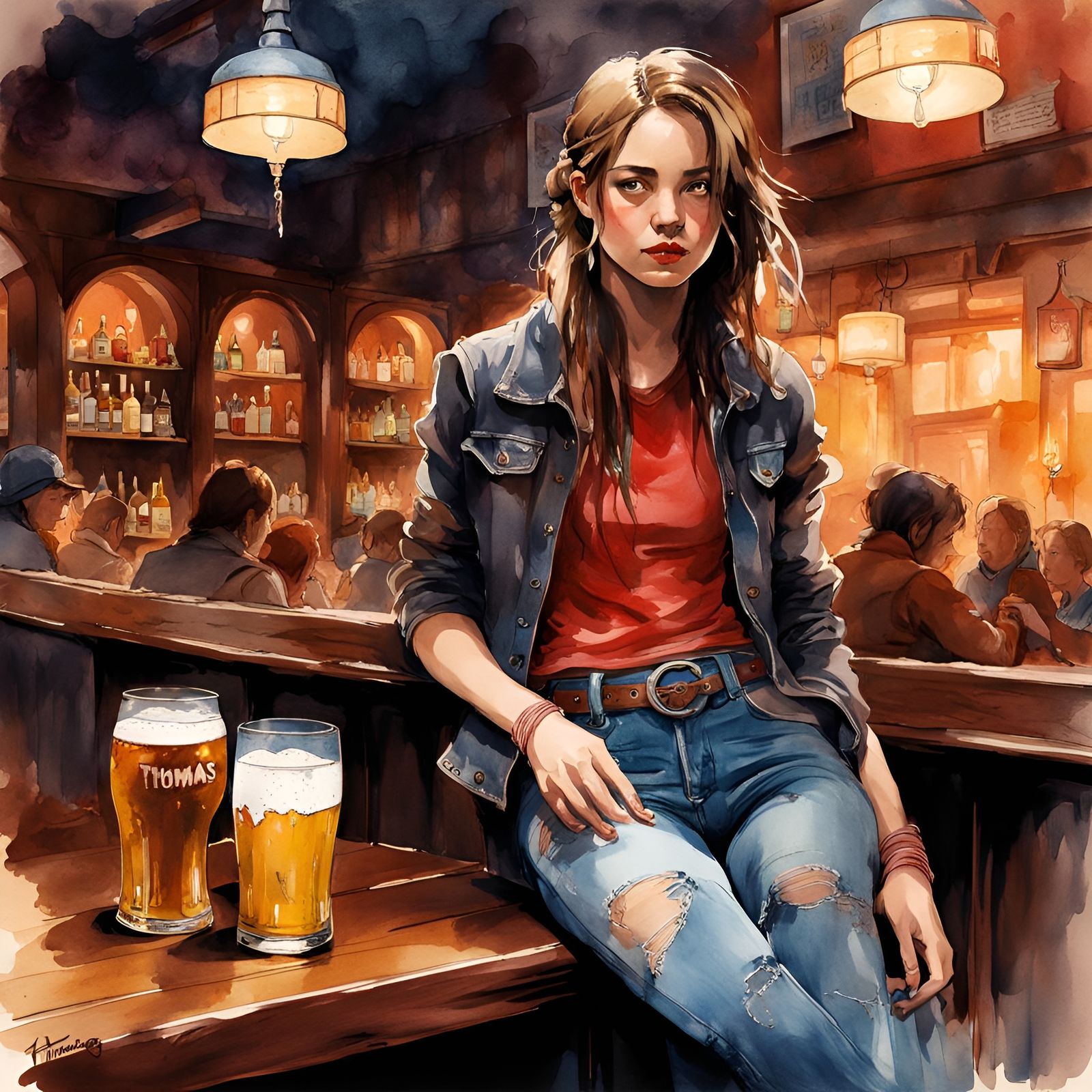 Watercolor Girl in Tavern, Ink Illustration